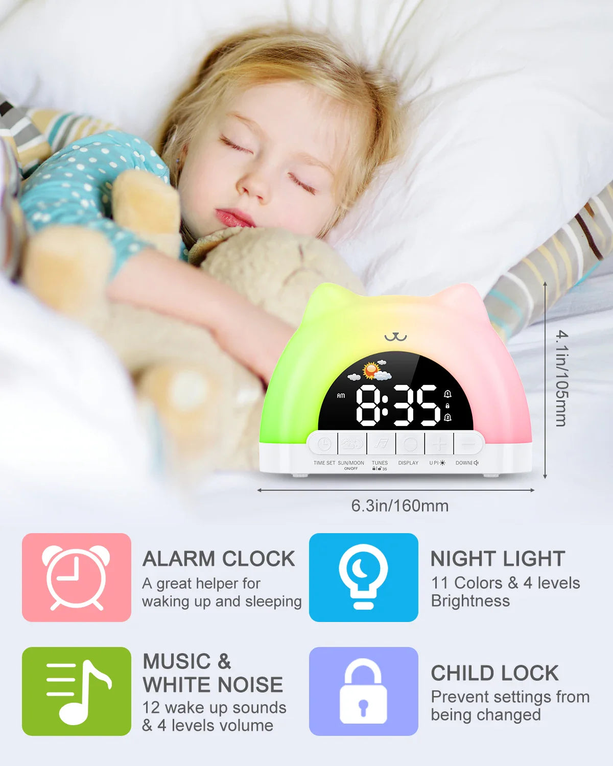ORIA Kids Alarm Clock with 11-Color Night Light & Child Lock — Sleep Training Wake Up Clock for Boys & Girls Gift