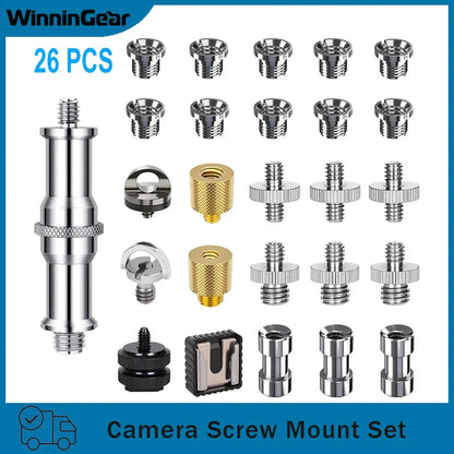 26PCS Camera Screw Mount Set – 1/4" & 3/8" Threaded Converter Adapters with Flash Shoe Mount