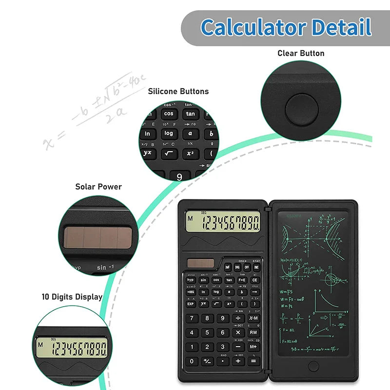 Foldable Solar Scientific Calculator with 6” LCD Writing Tablet – Graphing & Drawing Pad for Students, Teachers & Office Use