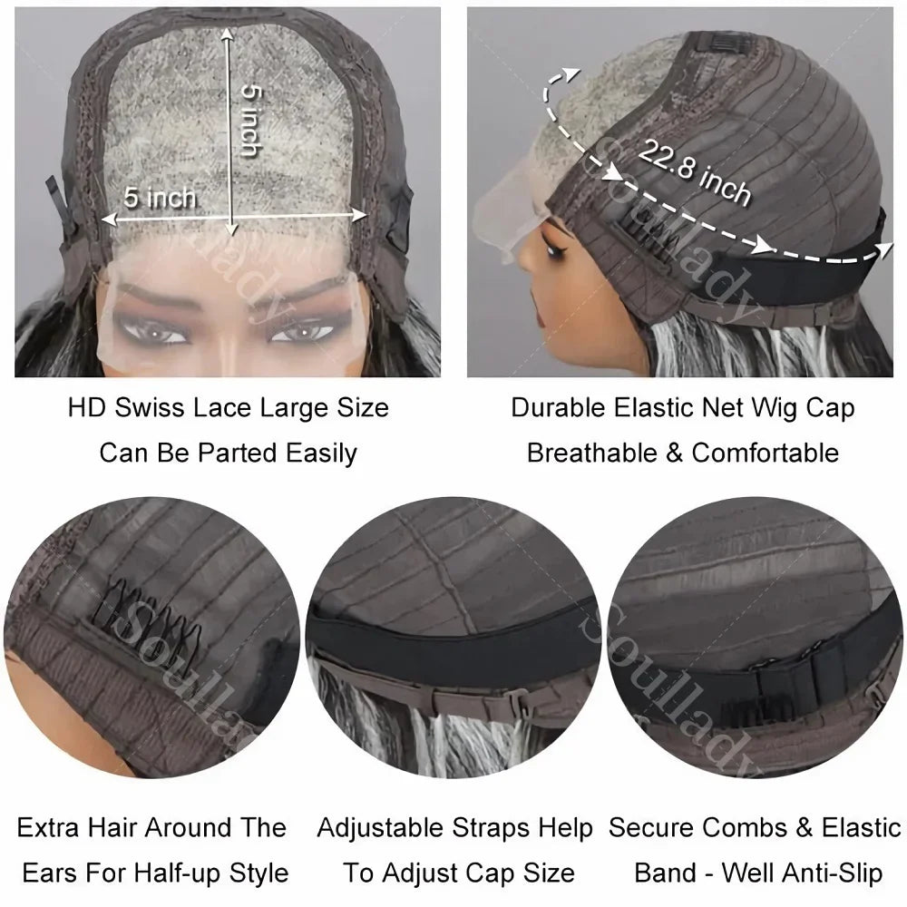 Soul Lady Salt & Pepper 5x5 Glueless HD Lace Closure Wig – Body Wave Bob, Silver Grey Loose Wave Human Hair for Black Women