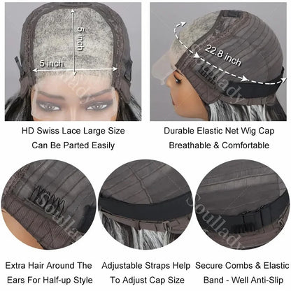 Soul Lady Salt & Pepper 5x5 Glueless HD Lace Closure Wig – Body Wave Bob, Silver Grey Loose Wave Human Hair for Black Women