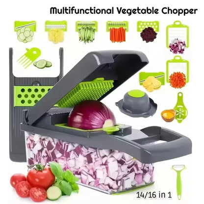 Multifunctional 14/16-in-1 Vegetable Chopper – Kitchen Food Grater, Slicer & Dicer with Handle