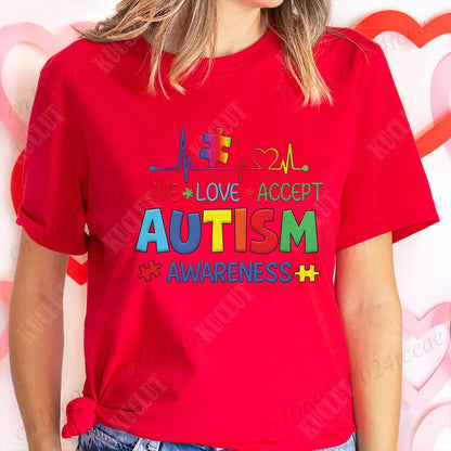 Women’s Live Love Accept Autism Awareness T-Shirt – Graphic Y2K Summer Top for Autism Awareness Month