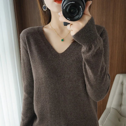 New Women’s Cashmere V-Neck Pullover – Lace Hollow Out Long Sleeve Knitted Sweater for Fall & Winter