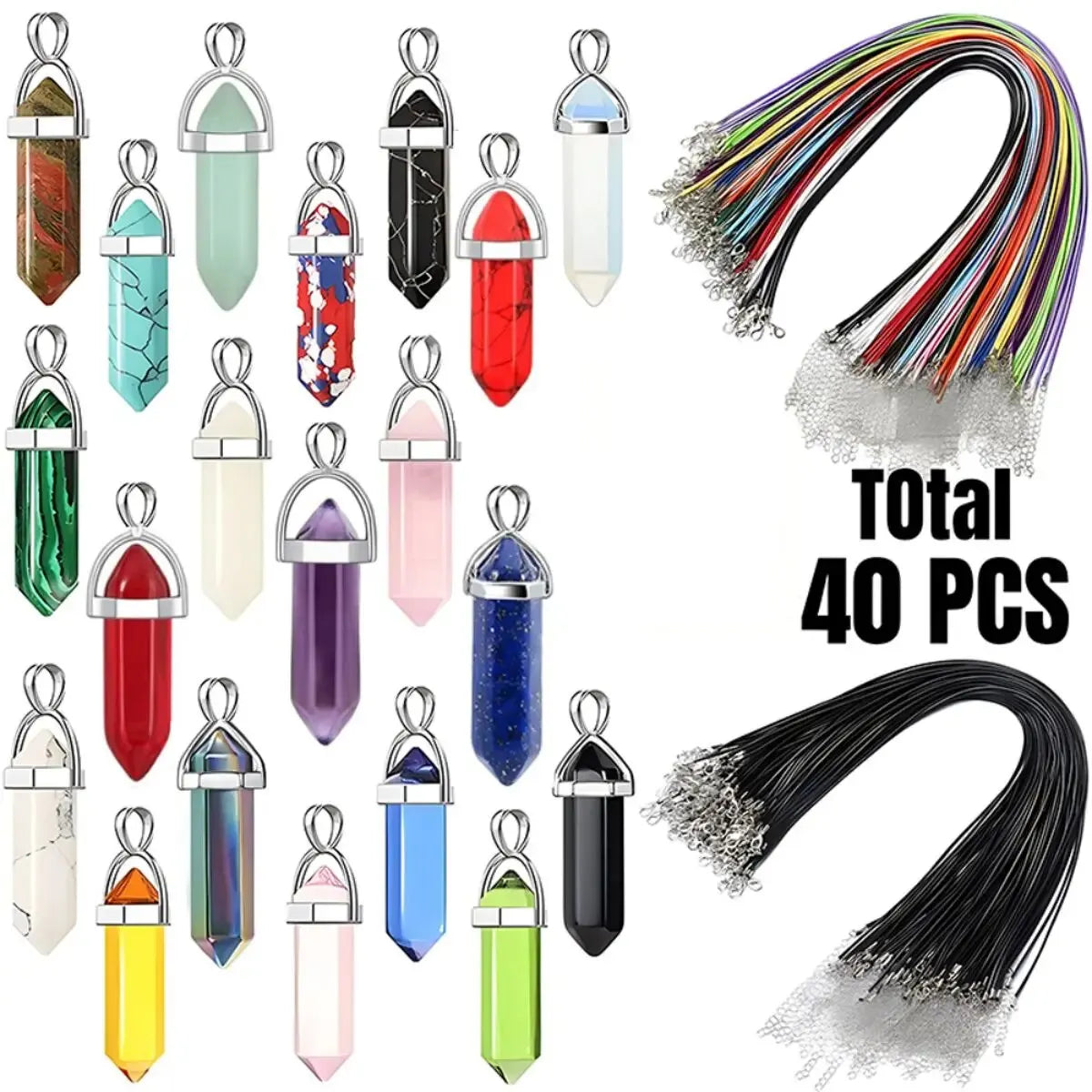 40/30PCS Hexagonal Chakra Crystal Pendant Set – Synthetic Quartz Points with Leather Necklace Chain & Storage Bag
