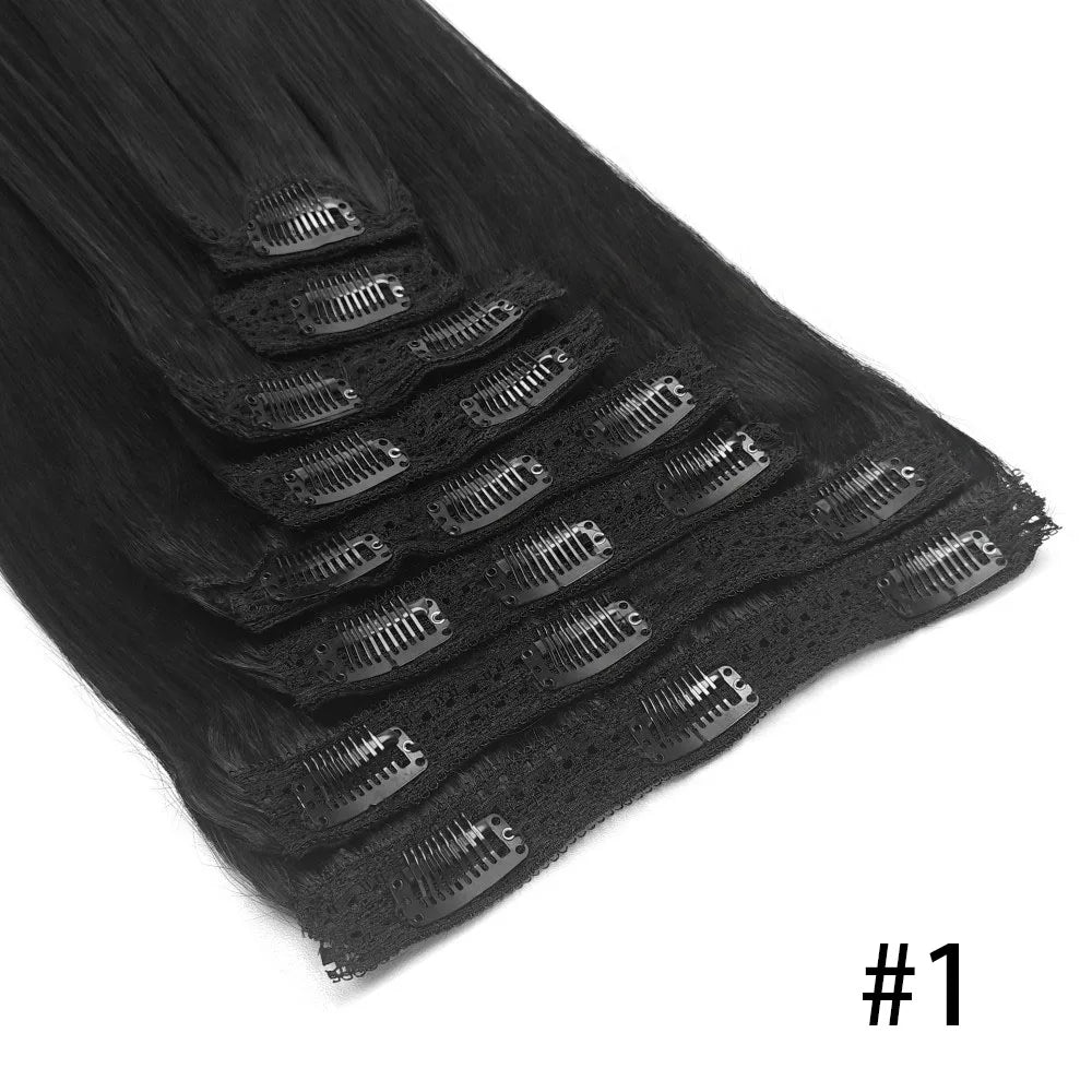 Straight Clip-In Hair Extensions – 8 Piece Full Head Set, 120g Brazilian Remy 100% Human Hair, Natural Black