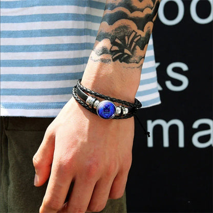 New Men's 12 Constellation Black Braided Leather Bracelet – Punk Style Zodiac Sign Multilayer Wrap Bracelet for Birthday Gifts