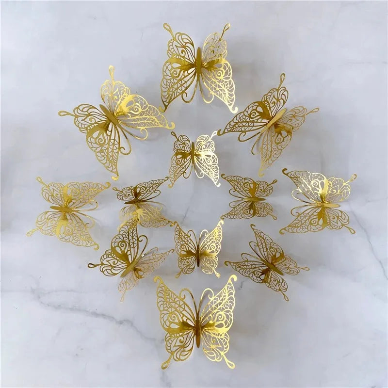 12PCS 3D Hollow Butterfly Wall Stickers – Gold, Silver & Rose Decorative Decals for Wedding, Living Room & Home Decor