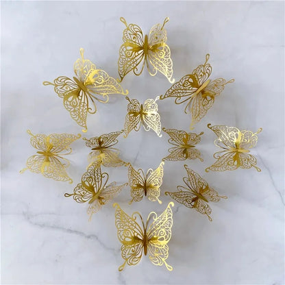 12PCS 3D Hollow Butterfly Wall Stickers – Gold, Silver & Rose Decorative Decals for Wedding, Living Room & Home Decor