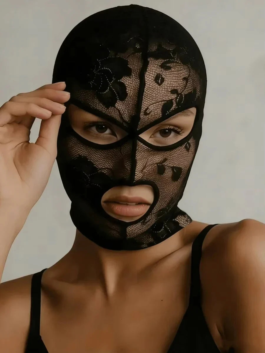 Unisex Venetian Gothic Lace Mask - Black Mesh Full Face Headpiece with Eye & Mouth Openings
