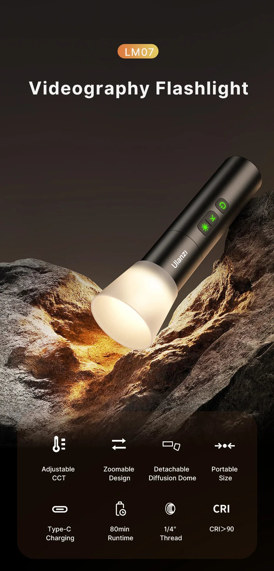 Ulanzi LM07 Zoomable Videography Flashlight - Photography Fill & Ambience Light with 1/4'' Thread for Camera Stand & Cage