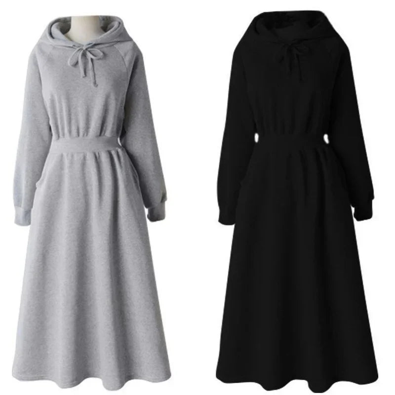 Women's Hooded Maxi Dress - Autumn Winter Long Sleeve Cotton Pullover A-Line Ribbed Dress