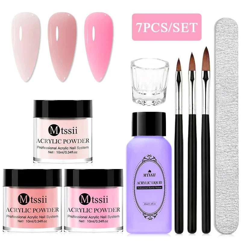 Nail Crystal Powder Kit – Acrylic Liquid Set with Pink & White Powder, Nail Brush for Extension & Carving, Beginner Set