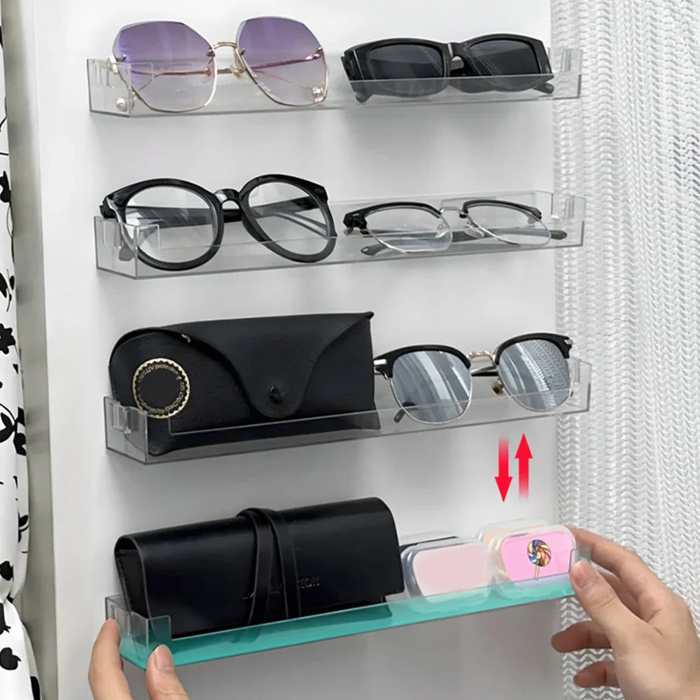 Wall Mounted Glasses & Storage Rack — No Punch Floating Shelf Organizer with Transparent PET Display Stand