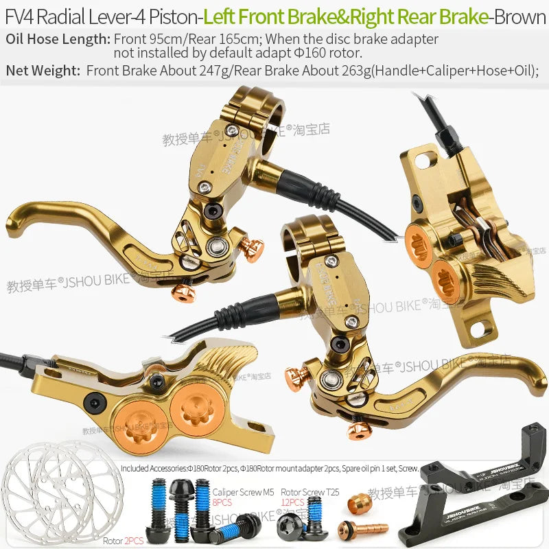 Frog Wake FV4 Mountain Bike Hydraulic Disc Brake Kit – 180mm Rotors, Aluminum 4-Piston Calipers & Levers for MTB