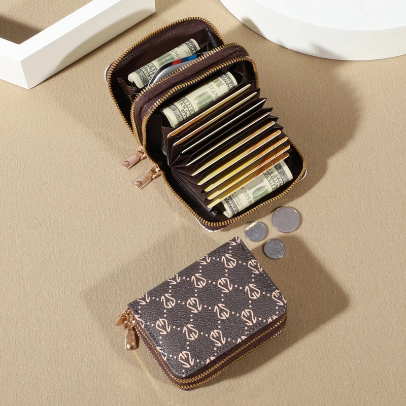 Chic Vintage Women's Zippered Card Holder Wallet - Secure Multi-Card Slots, Fashionable Faux Leather with Coin Purse