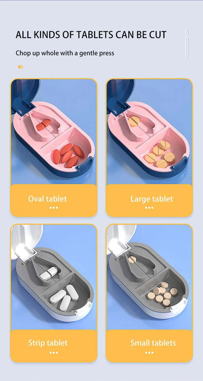 2-in-1 Pill Cutter with Invisible Storage Box – Portable Mini Tablet & Medicine Crusher, Dustproof Divider Organizer
