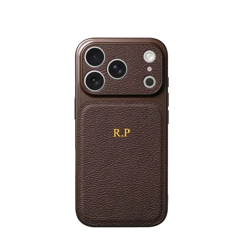 Personalized Initial Leather iPhone Case - Luxury Gold & Silver Monogram Cover with Lens Protection for iPhone 13–17 Series