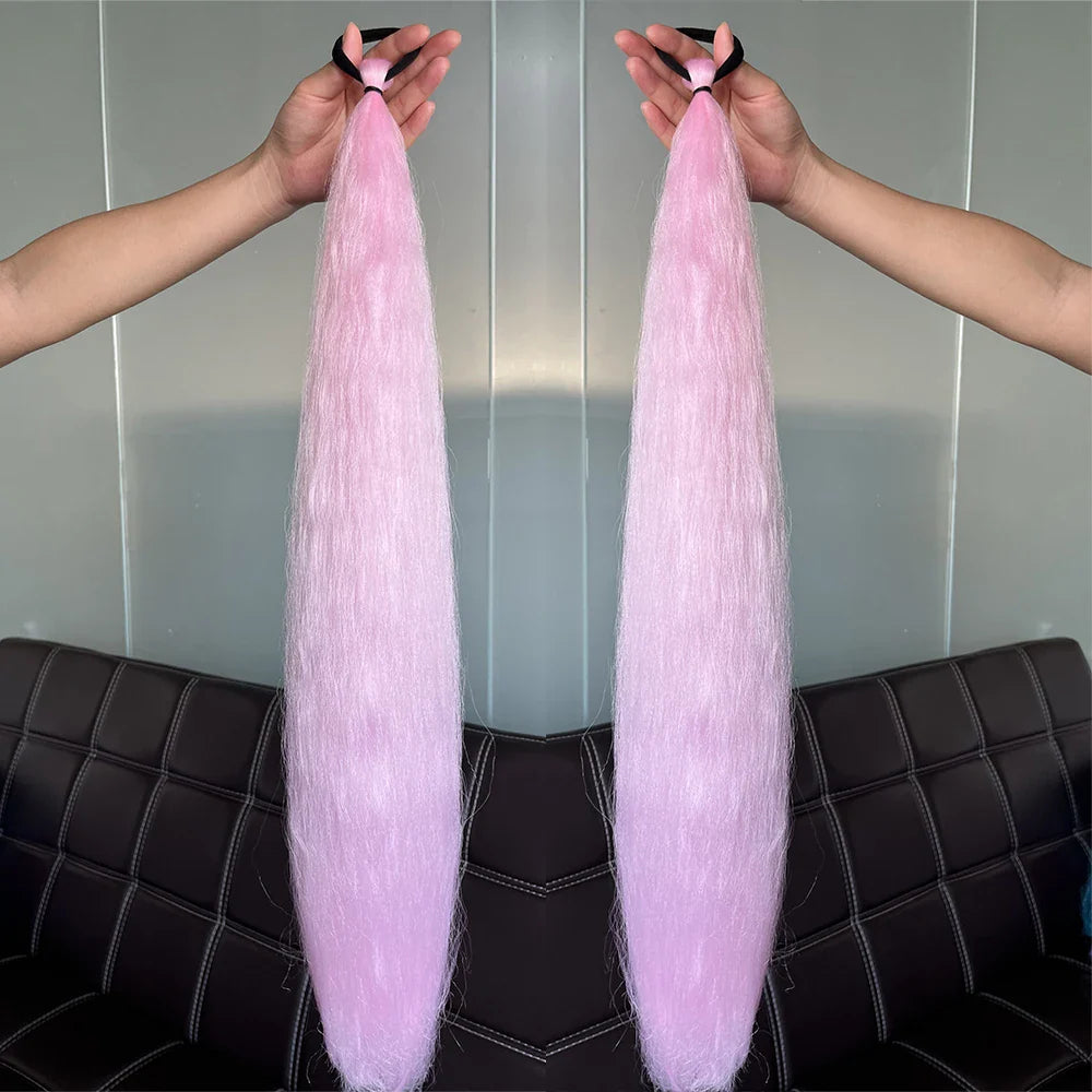 2PCS Synthetic Straight Ponytail Hair Extensions – Colorful Braiding with Elastic Hair Tie for Women