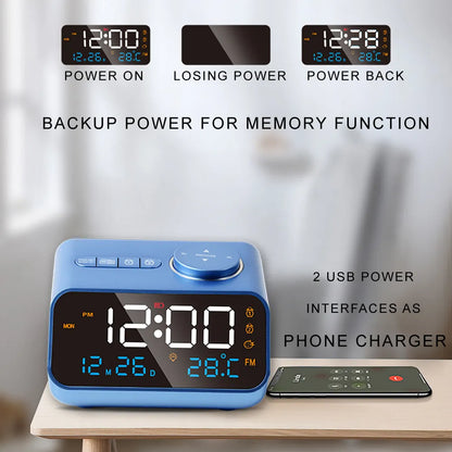 FM Radio, LED Alarm Clock, and Digital Table Calendar with Temperature, Thermometer, and Humidity Hygrometer for Bedside Bliss