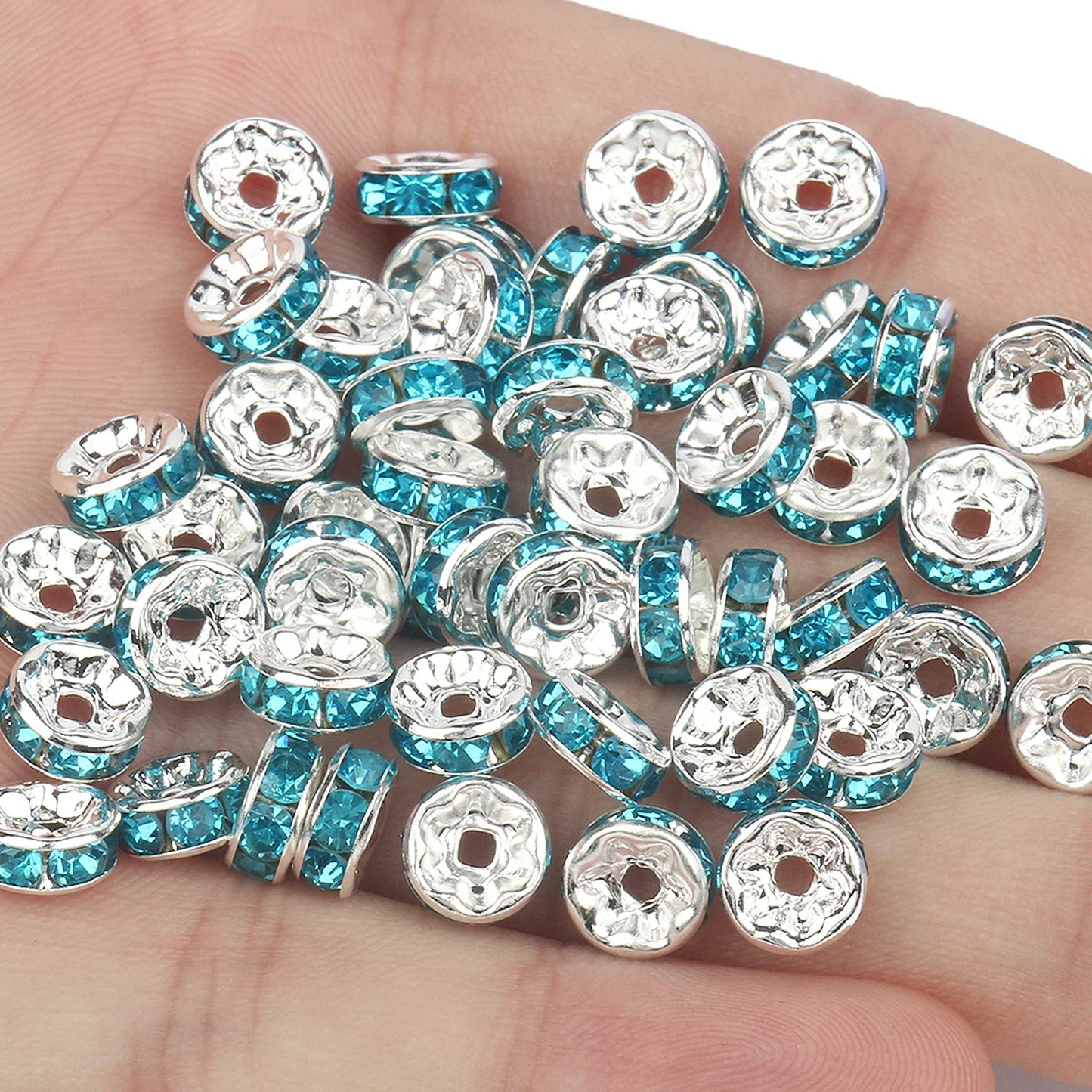 50PCS Rhinestone Spacer Beads Set – Multi-Color Crystal Rondelle Metal Beads for DIY Jewelry & Bracelet Making
