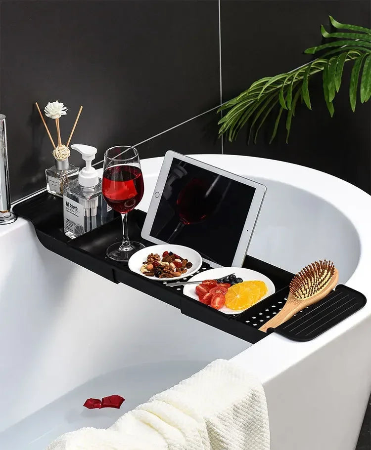 Extendable Bamboo Bathtub Shelf – Bathroom Tray & Shower Caddy for Towel, Book & Storage Organizer