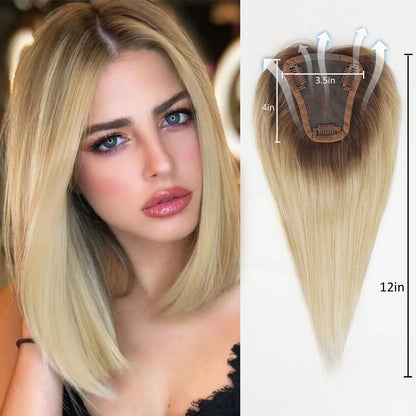 Ombre Blonde Brown 100% Remy Human Hair Topper – Silk Base Clip-In Extension for Women with Hair Loss, 12 Inch