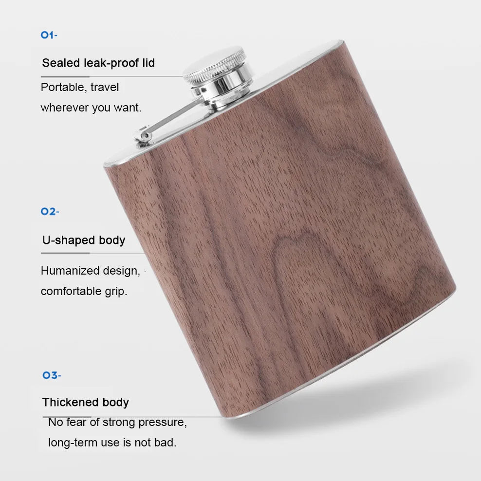6oz Stainless Steel Hip Flask – Wood Grain Leather Wine Bottle, Portable Russian Flag Outdoor Flagon Gift for Men