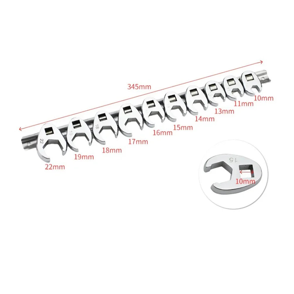 10pcs 3/8" Drive Crowfoot Wrench Set — 10-22mm Metric Open-End Spanners for Torque Wrench
