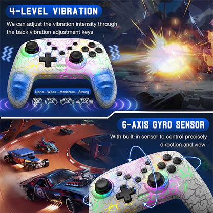 Six-Axis Gyroscope Wireless Gamepad with Dual Vibration & RGB LED Crack Process, Joystick Controller for Nintendo Switch, TV Box, PS3, PC