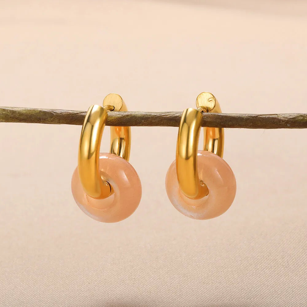 Leopard Bead Opal Stainless Steel Hoop Earrings — Gold Color, Anti-Fading Wedding & Prom Jewelry for Women, Gift Accessory