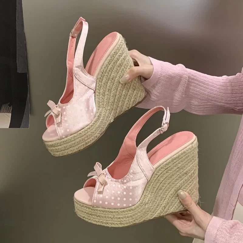 Women’s Peep Toe Wedge Sandals - 12cm French-Style Summer Platform Shoes