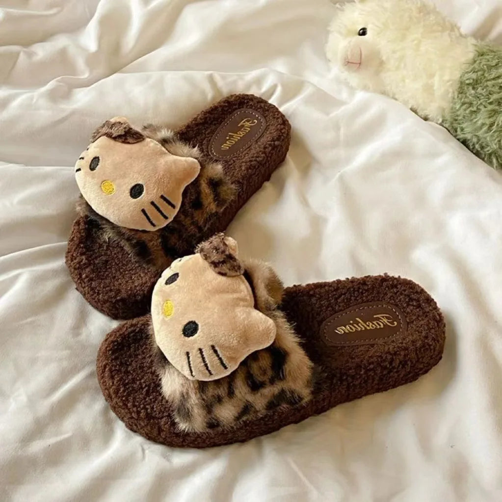 Kawaii Hello Kitty Leopard Print Fluffy Slippers – Women’s Cozy Non-Slip Indoor Cotton Slippers