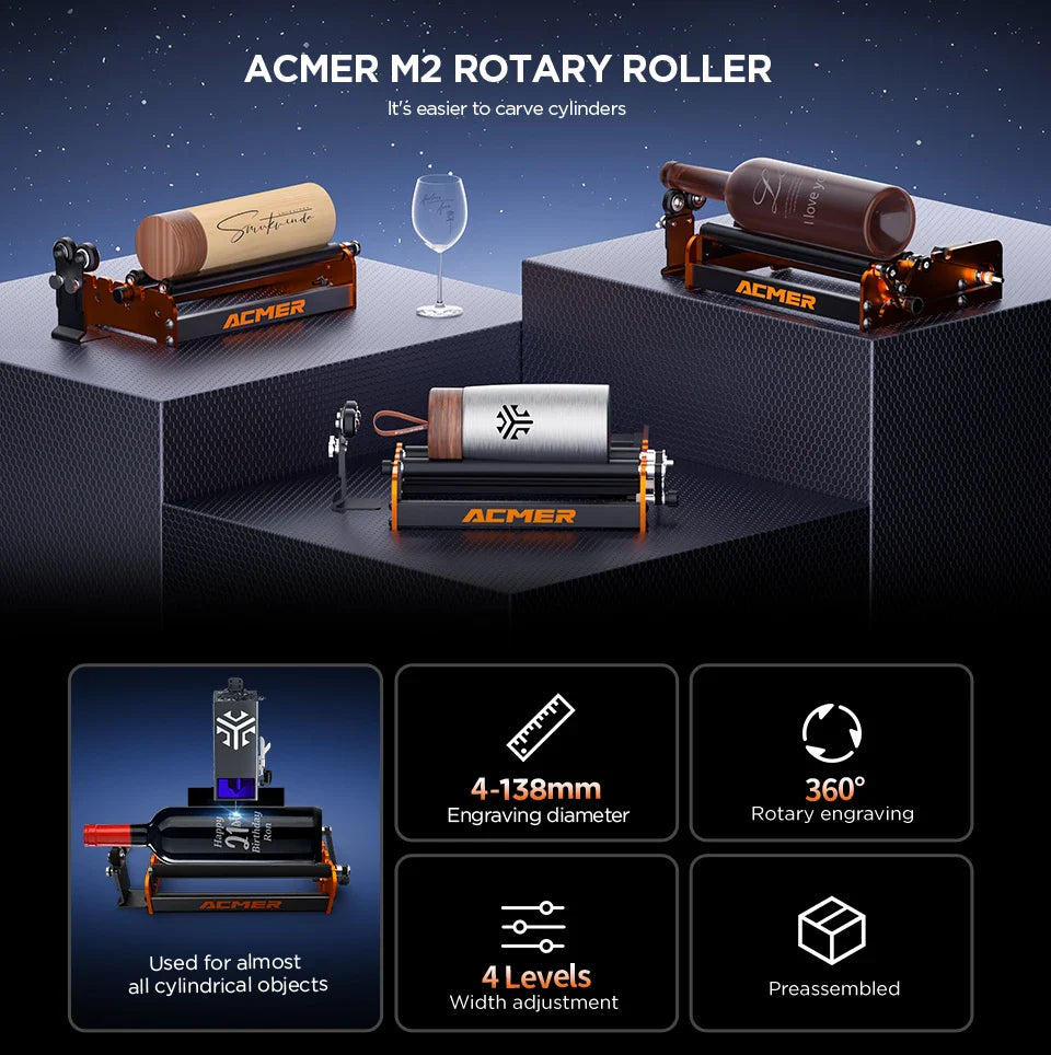 ACMER M2 Laser Rotary Roller – 360° Y-Axis Rotary for Laser Engraving & Cutting Cylindrical Objects