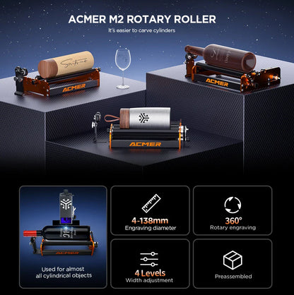 ACMER M2 Laser Rotary Roller – 360° Y-Axis Rotary for Laser Engraving & Cutting Cylindrical Objects