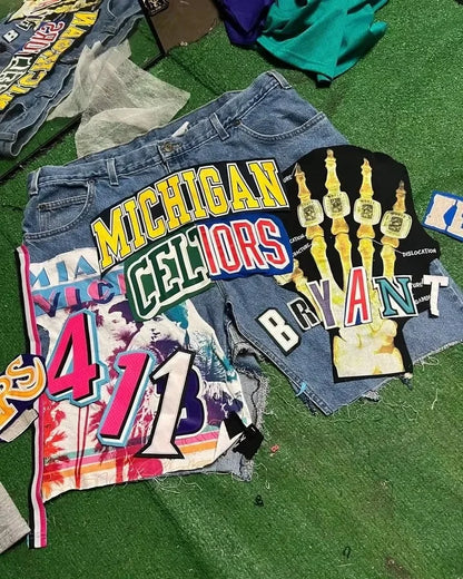 Streetwear Retro Patchwork Denim Shorts – Y2K Hip Hop Cartoon Graphic Loose Fit Jeans for Men & Women