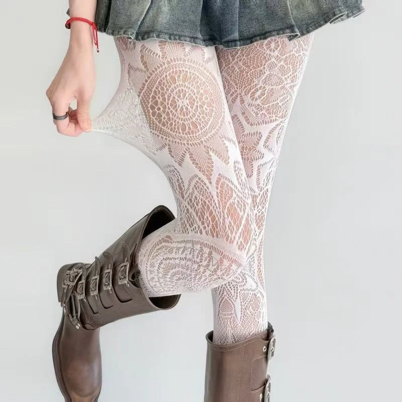 Black & Red Flower Lolita Women’s Socks – Classic Lace Mesh Pantyhose Tights with Rattan Stocking Design