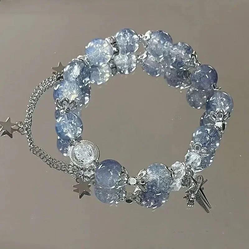 Star Chain Tassel Bracelet for Women – Fantasy Blue Crystal Beads on Elastic Rope, Perfect Gift for Best Friends