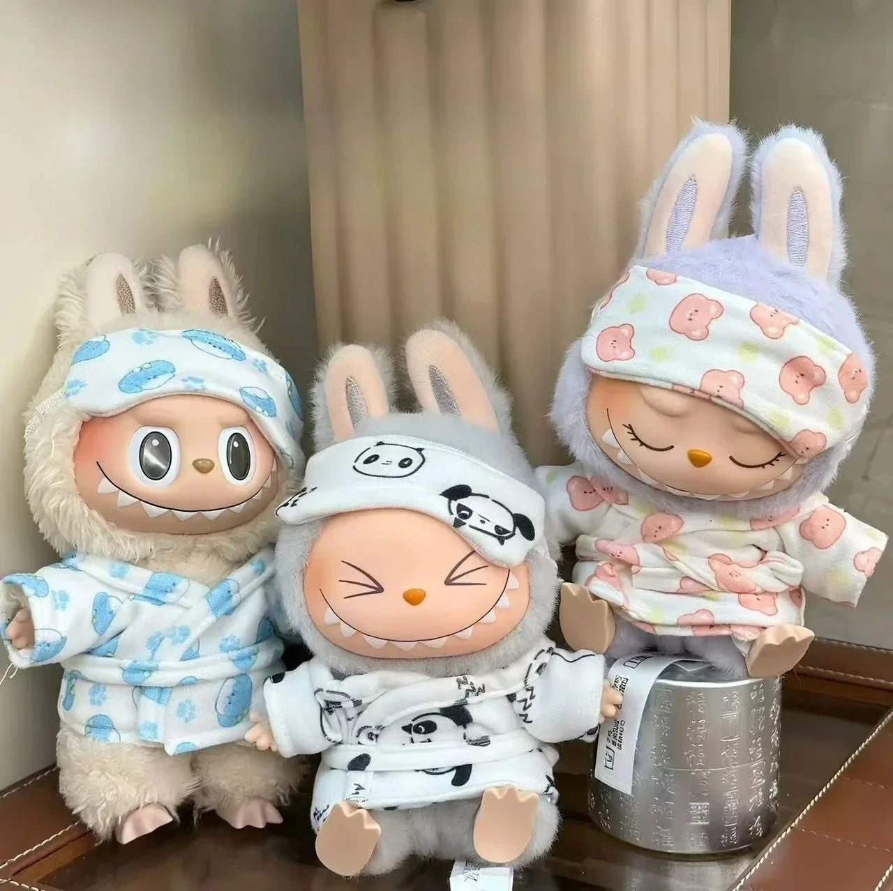 15-17cm Labubu Mini Pajamas Set with Eye Mask – 3-Piece Kawaii V1 V2 Doll Clothes for Plush Dolls & Kids Gifts