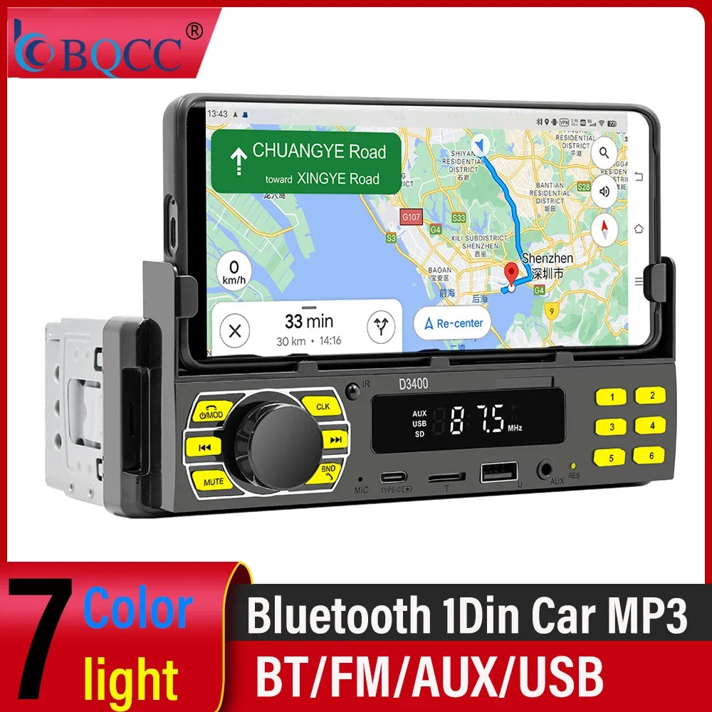 BQCC 1DIN Car MP3 Player - Bluetooth Phone Holder with FM Radio & Voice Control