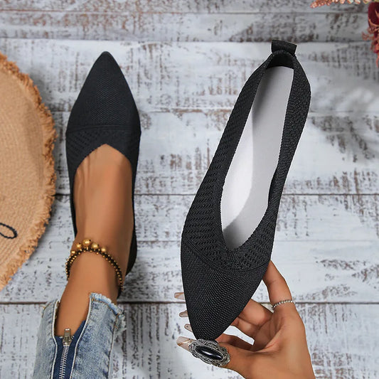 Women’s Pointed Toe Flat Shoes – Solid Color Knitted Slip-On Ballet Loafers, Casual & Breathable Ladies Shoes