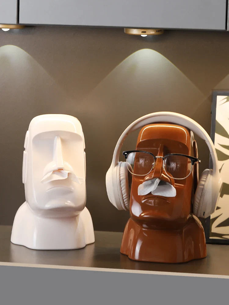 Miniso Moai Stone Statue Tissue Box & Glasses Holder – Multifunctional Home Decor Stand