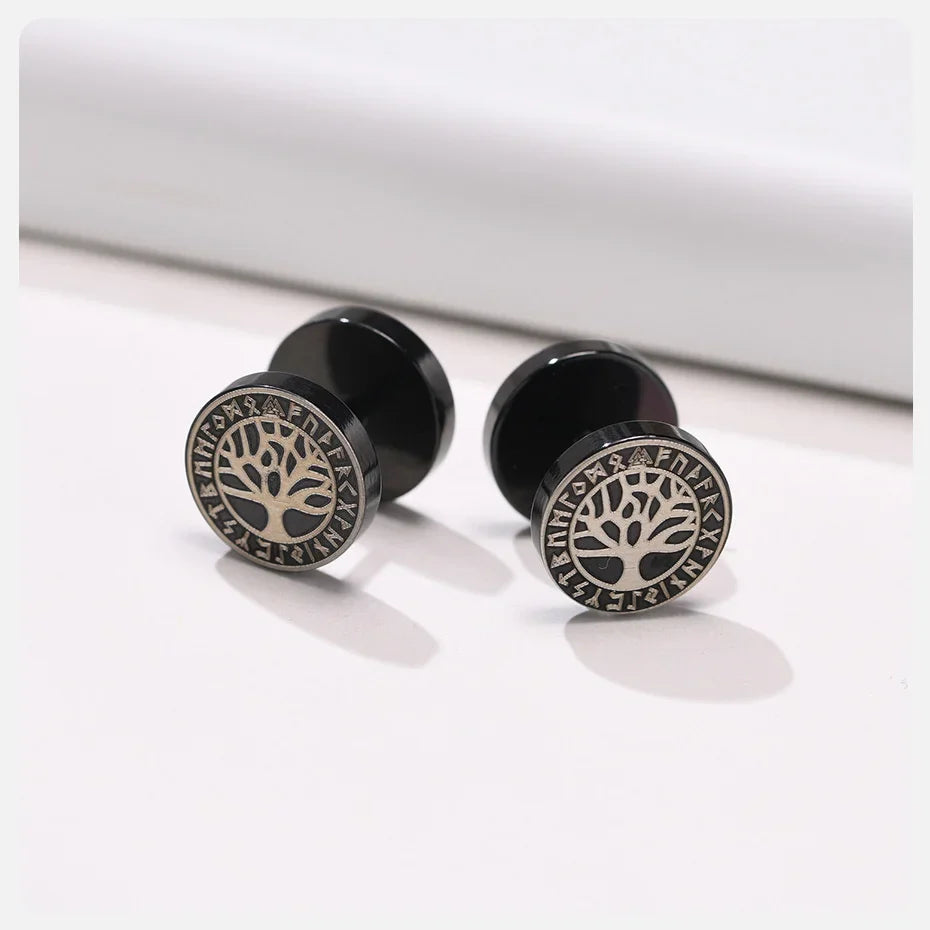 Vnox Men's Viking Black Stud Earrings - Vegvisir & Norse Valknut, Cool Punk Stainless Steel Set