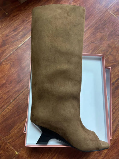 2025 Women’s Fish Mouth Knee-High Boots – Thick Slant Heel Fashion High Heels Spring Summer Large Size