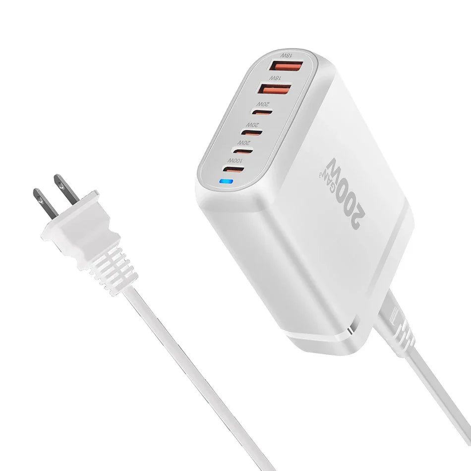 UHOMEBUY 200W GaN Desktop Charger - 6-Port USB Type C with 100W PD & Quick Charge 3.0 Fast Mobile Charger