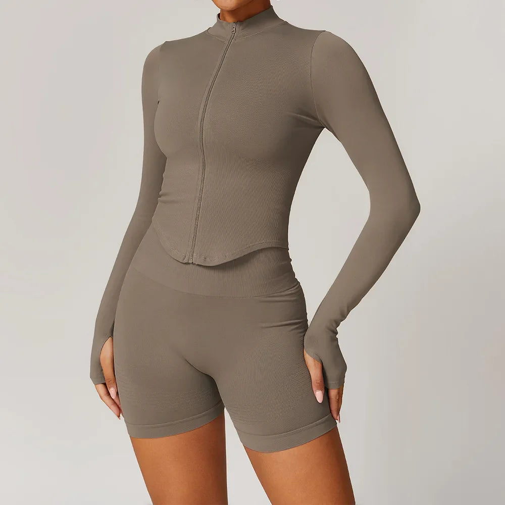 Women’s Seamless 2/3 Piece Yoga Set – Fitness Workout Sportswear with Leggings, Sports Bra & Long Sleeve Gym Outfit