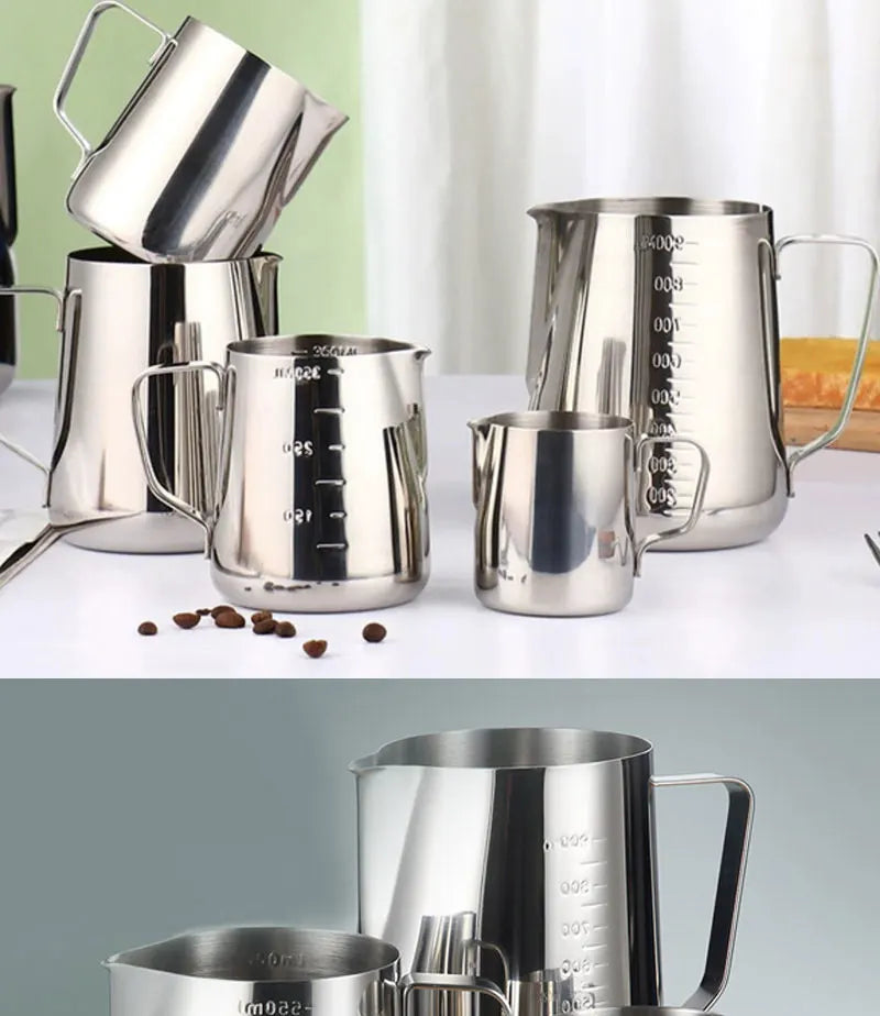 Stainless Steel Milk Frother Jug — Latte Pitcher with Measurement for Coffee & Espresso Barista Tools