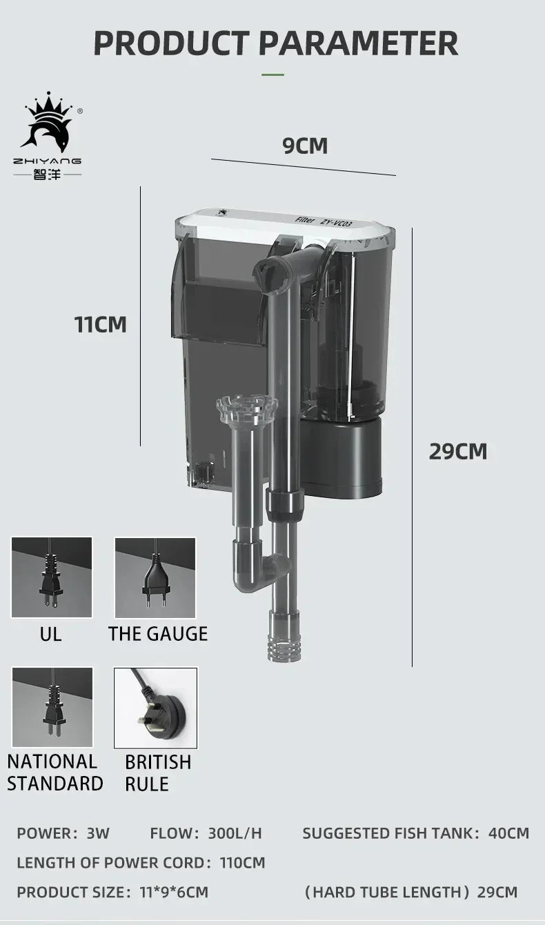 Wall-Mounted 3 in 1 Aquarium Filter – 110V/220V Circulation Pump with Waterfall Oxygenation for Small & Medium Fish Tanks
