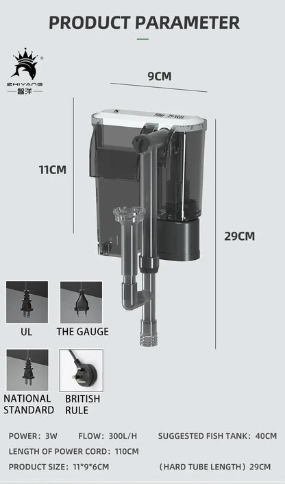 Wall-Mounted 3 in 1 Aquarium Filter – 110V/220V Circulation Pump with Waterfall Oxygenation for Small & Medium Fish Tanks