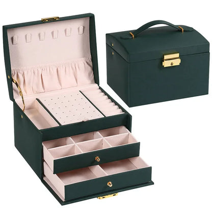 Multi-Functional Three-Layer Leather Jewelry Box – Drawer Style Organizer with Lock for Earrings